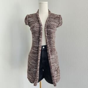 Y2K Mudd Knit Cap Sleeve Brown Longline Open Cardigan with Stud Pocket S